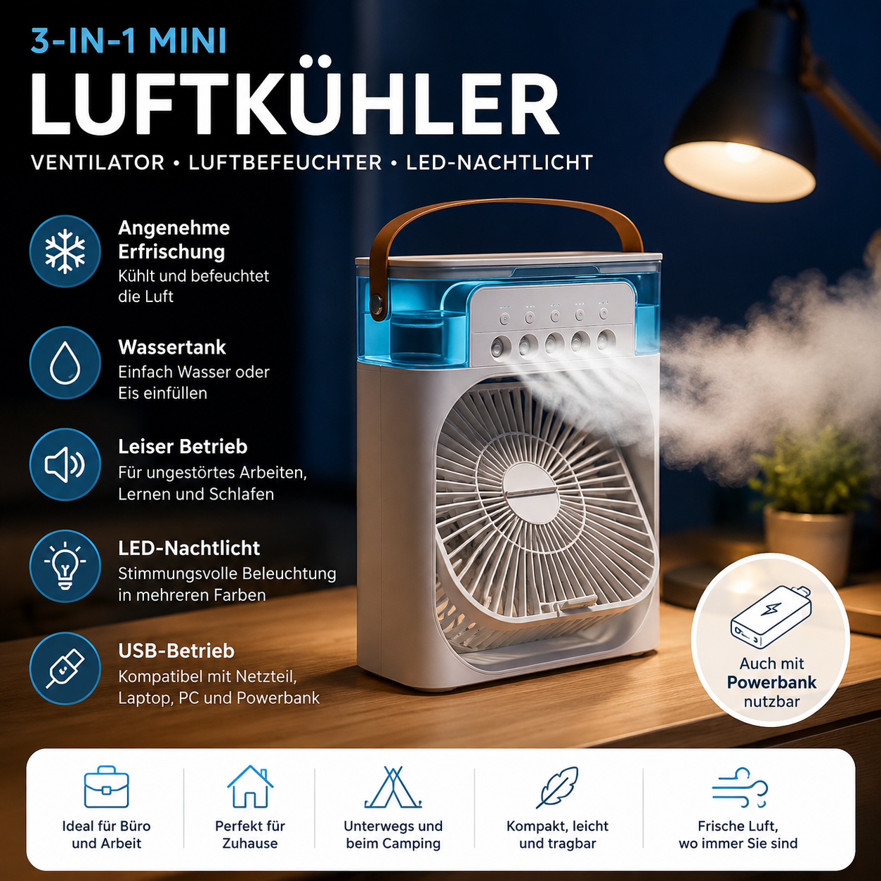 Tunox™ 3-in-1 Mini Luftkühler | Ventilator, Luftbefeuchter & LED-Nachtlicht