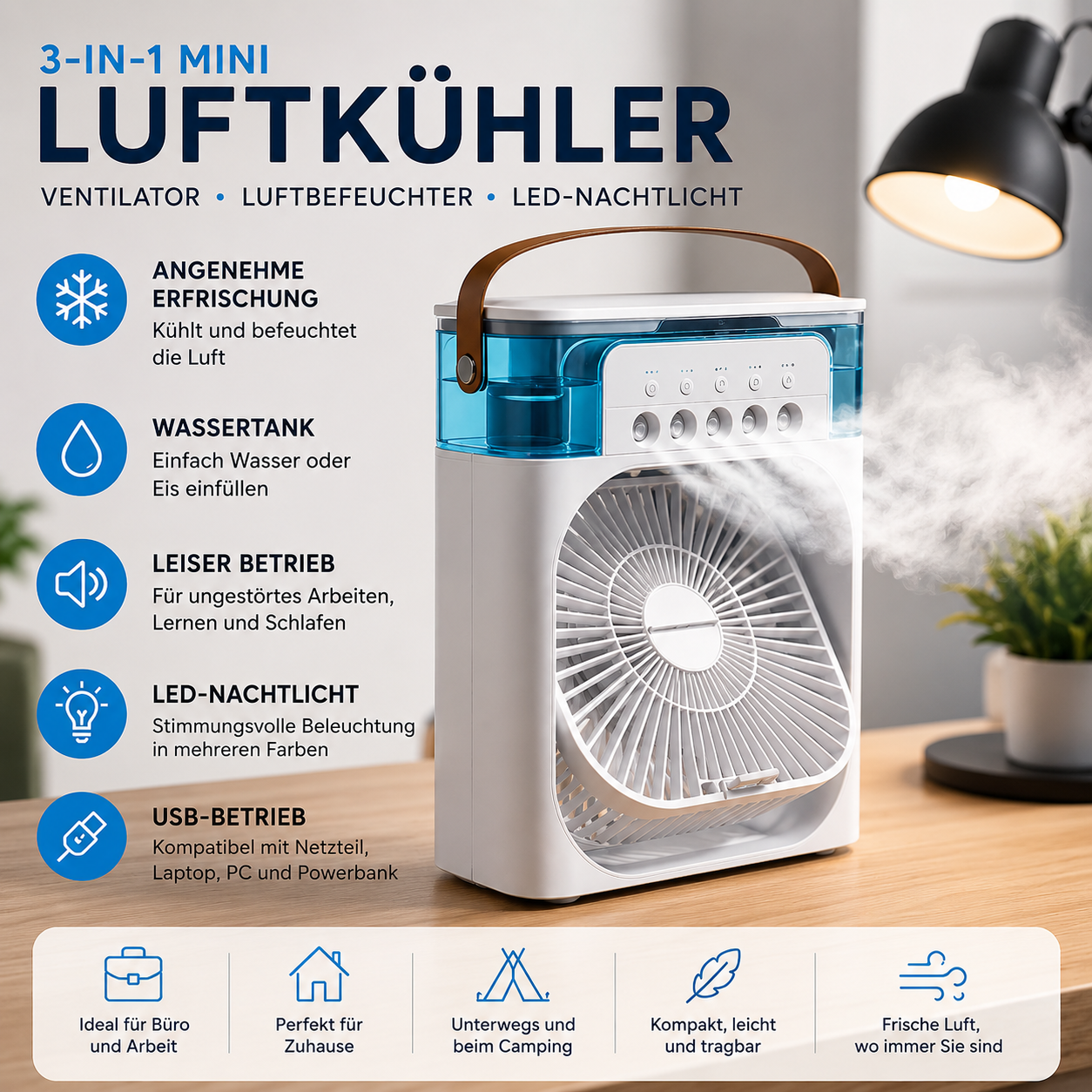 Tunox™ 3-in-1 Mini Luftkühler | Ventilator, Luftbefeuchter & LED-Nachtlicht