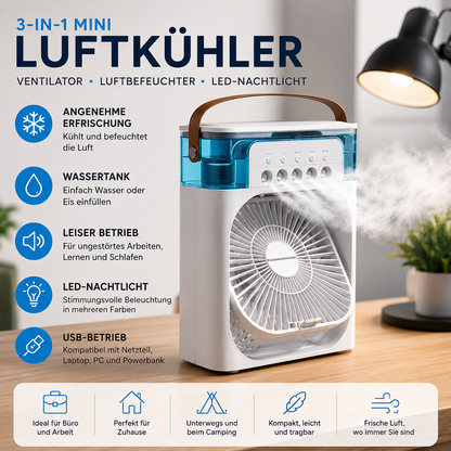 Tunox™ 3-in-1 Mini Luftkühler | Ventilator, Luftbefeuchter & LED-Nachtlicht