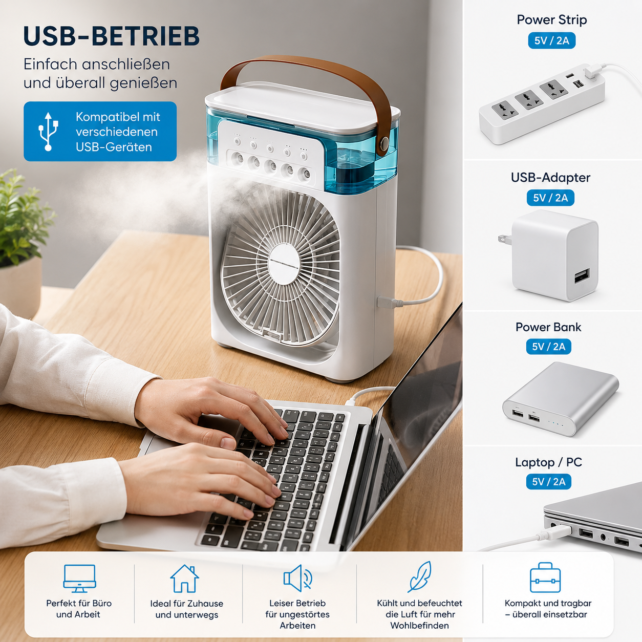 Tunox™ 3-in-1 Mini Luftkühler | Ventilator, Luftbefeuchter & LED-Nachtlicht