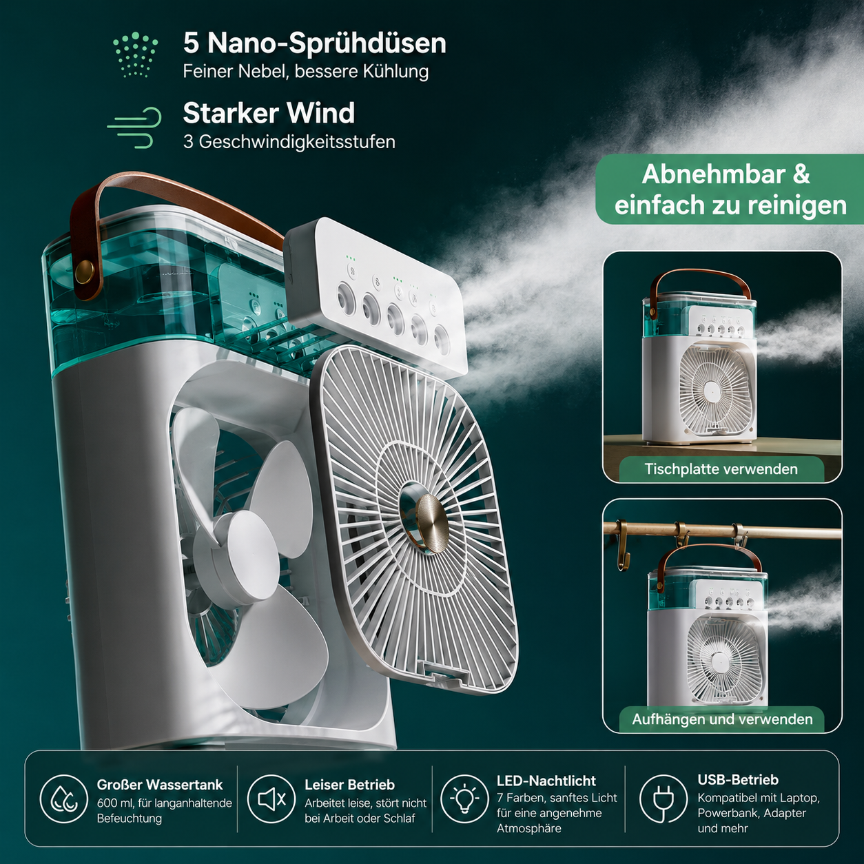 Tunox™ 3-in-1 Mini Luftkühler | Ventilator, Luftbefeuchter & LED-Nachtlicht