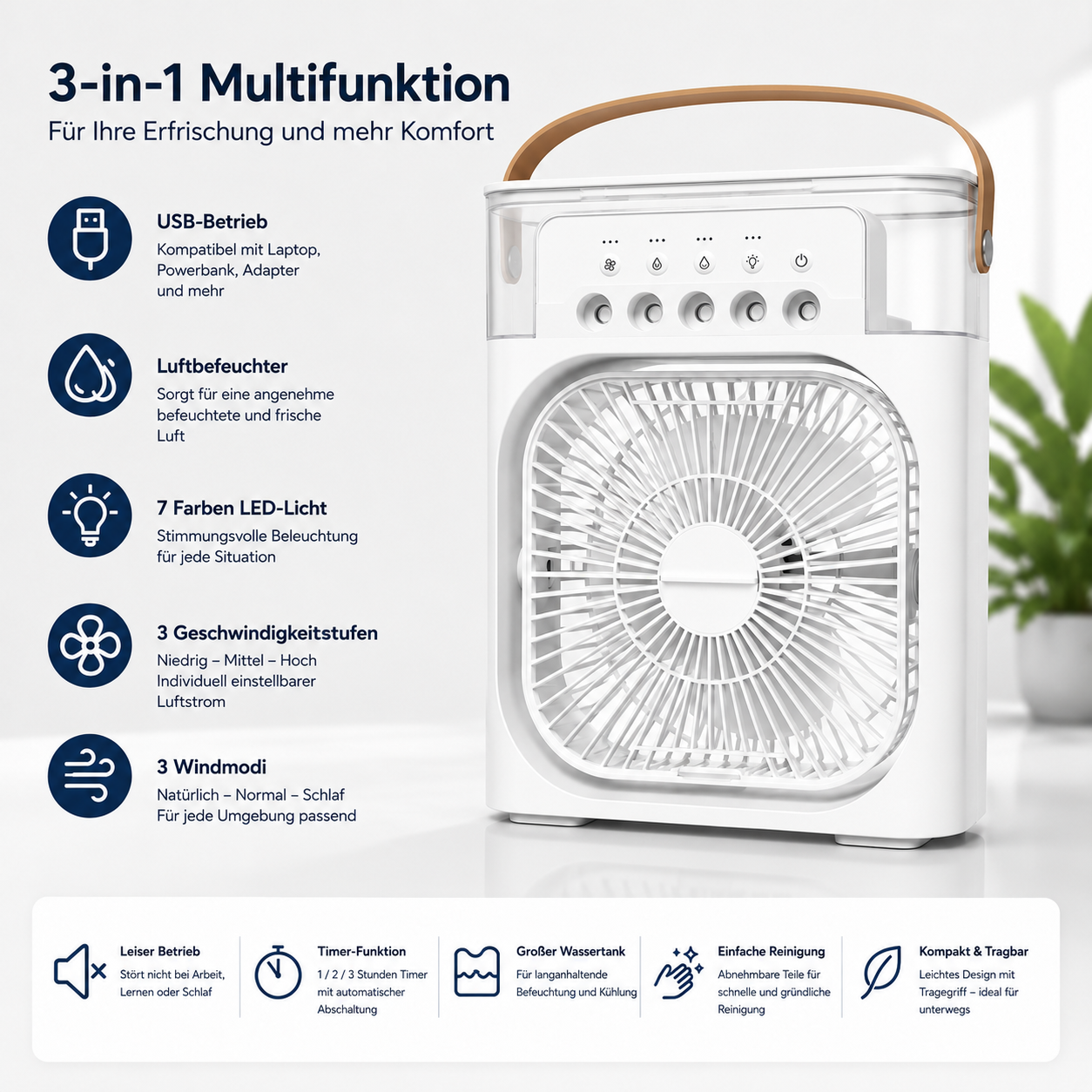 Tunox™ 3-in-1 Mini Luftkühler | Ventilator, Luftbefeuchter & LED-Nachtlicht