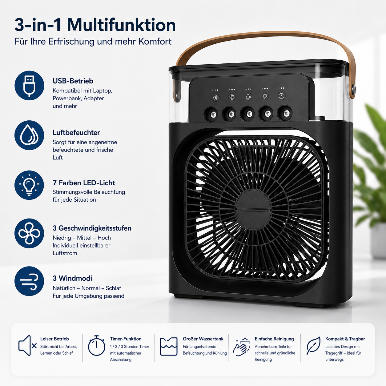 Tunox™ 3-in-1 Mini Luftkühler | Ventilator, Luftbefeuchter & LED-Nachtlicht